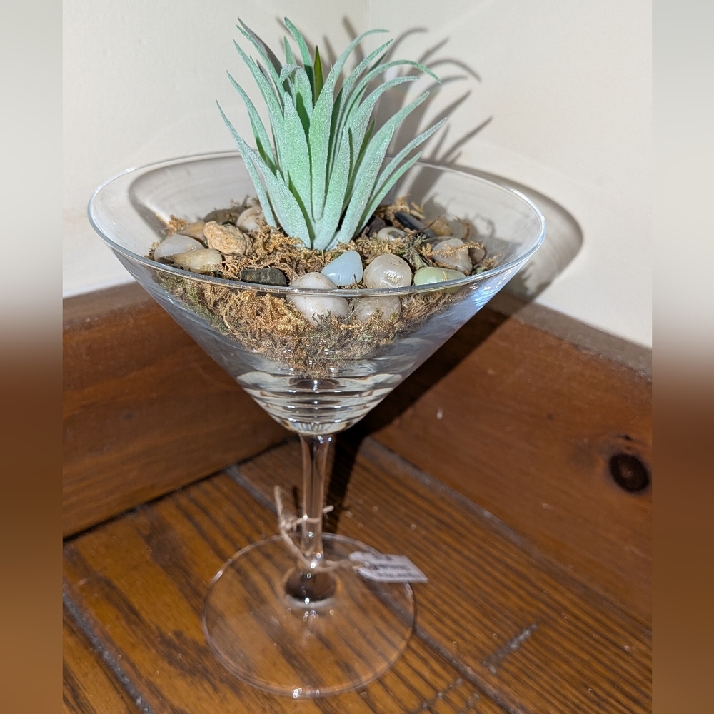 Handmade Glass Martini Terrarium with Faux Succulent - Picture 1 of 2